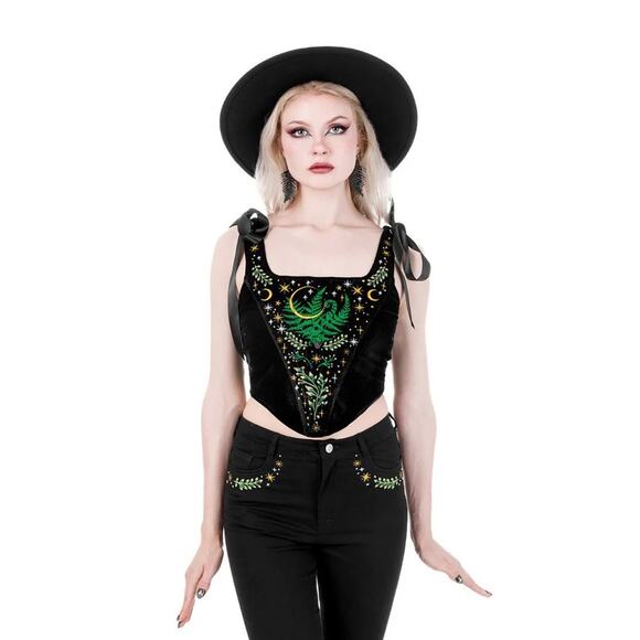 NWT Restyle Corset Top Bows Goth Black Moon Witchy Fairy Ren Fair Whimsy Velvet - Picture 7 of 7